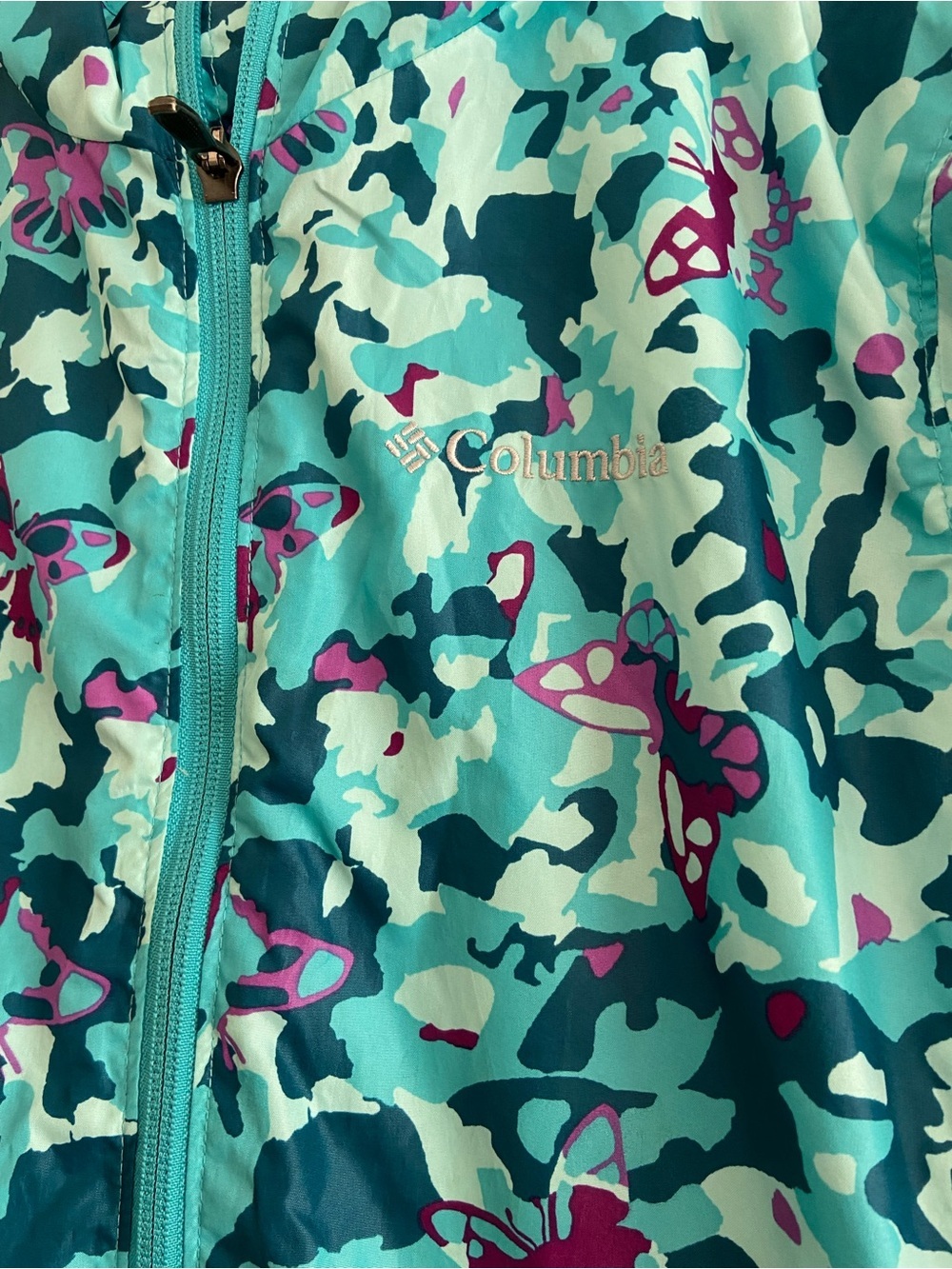 Columbia children's hooded Windbreaker Turquoise Butterfly Jacket Size 10 - Picture 2 of 5
